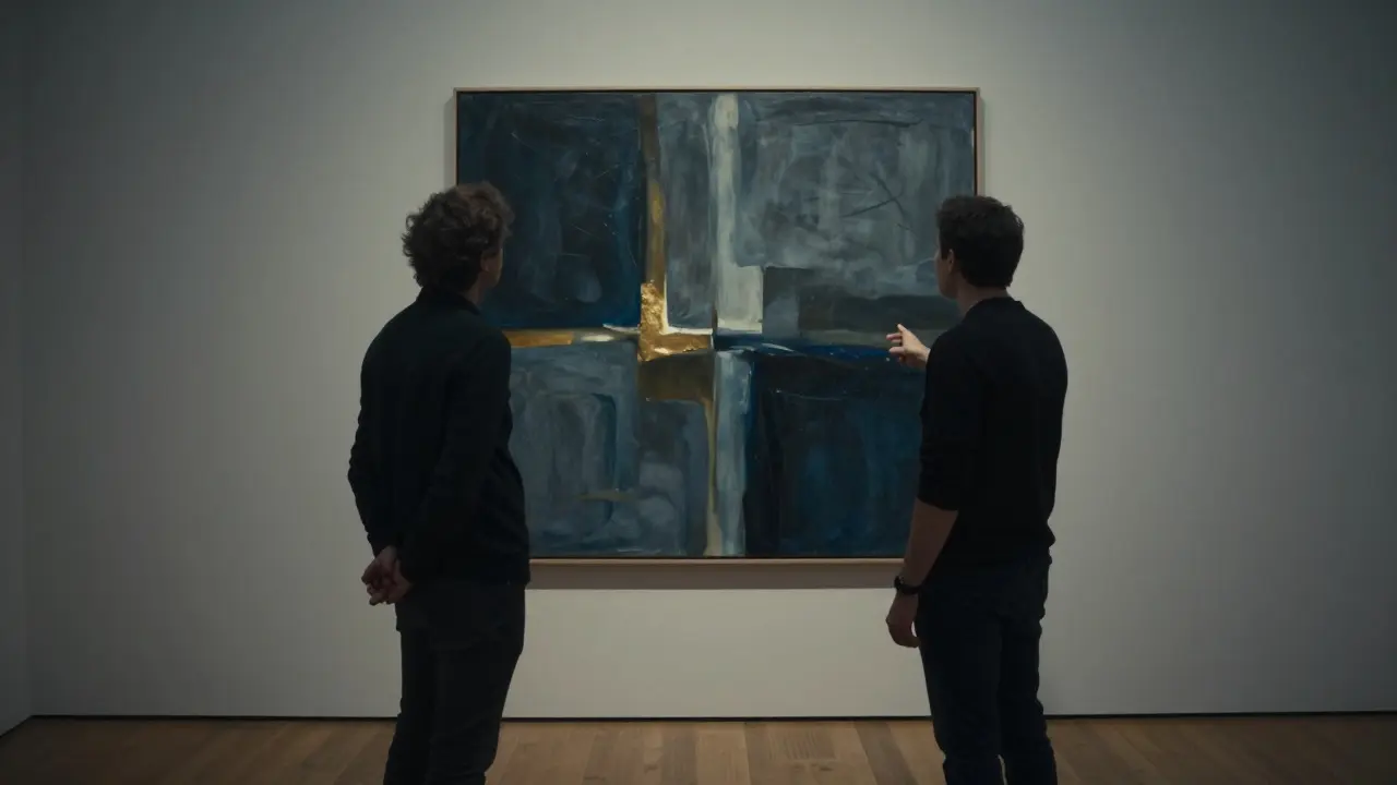 Two people standing silently before an abstract painting in a quiet London art gallery.
