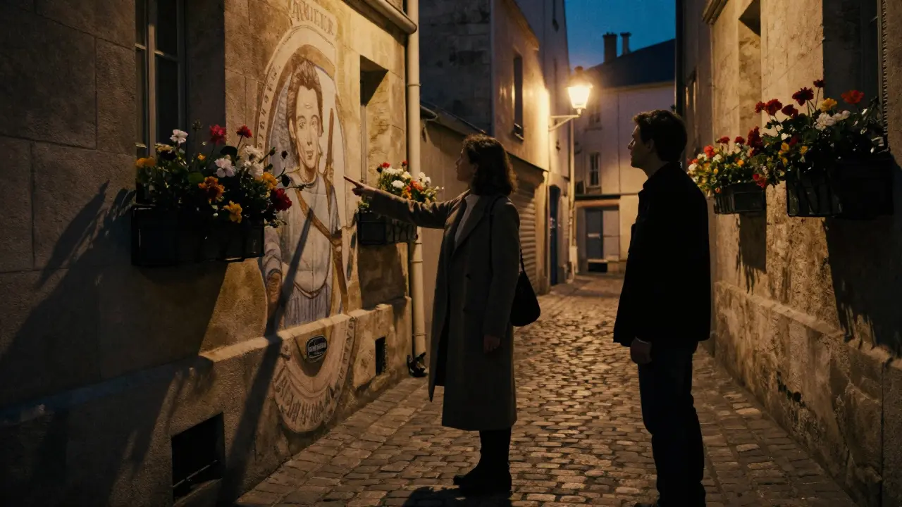 Two silhouettes walking down a flower-lined alley in Montmartre at twilight, hidden history in the air.