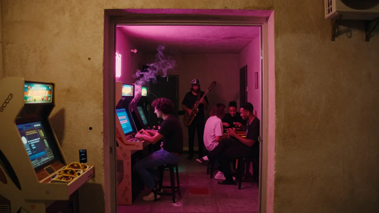 Unmarked alley entrance to hidden spot with retro arcade and jazz trio, young locals relaxing.