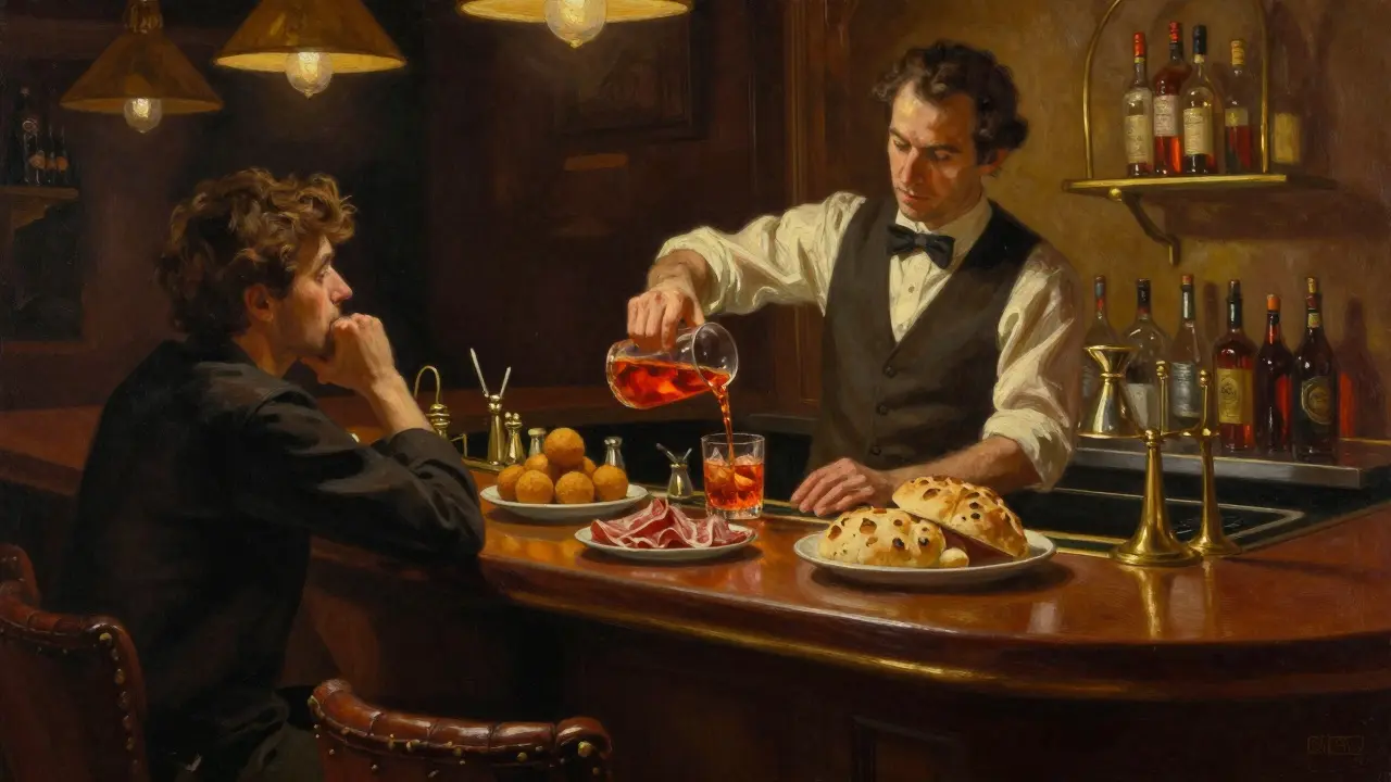 A bartender pouring a Negroni Sbagliato at Bar Basso, with food and warm lighting in the background.