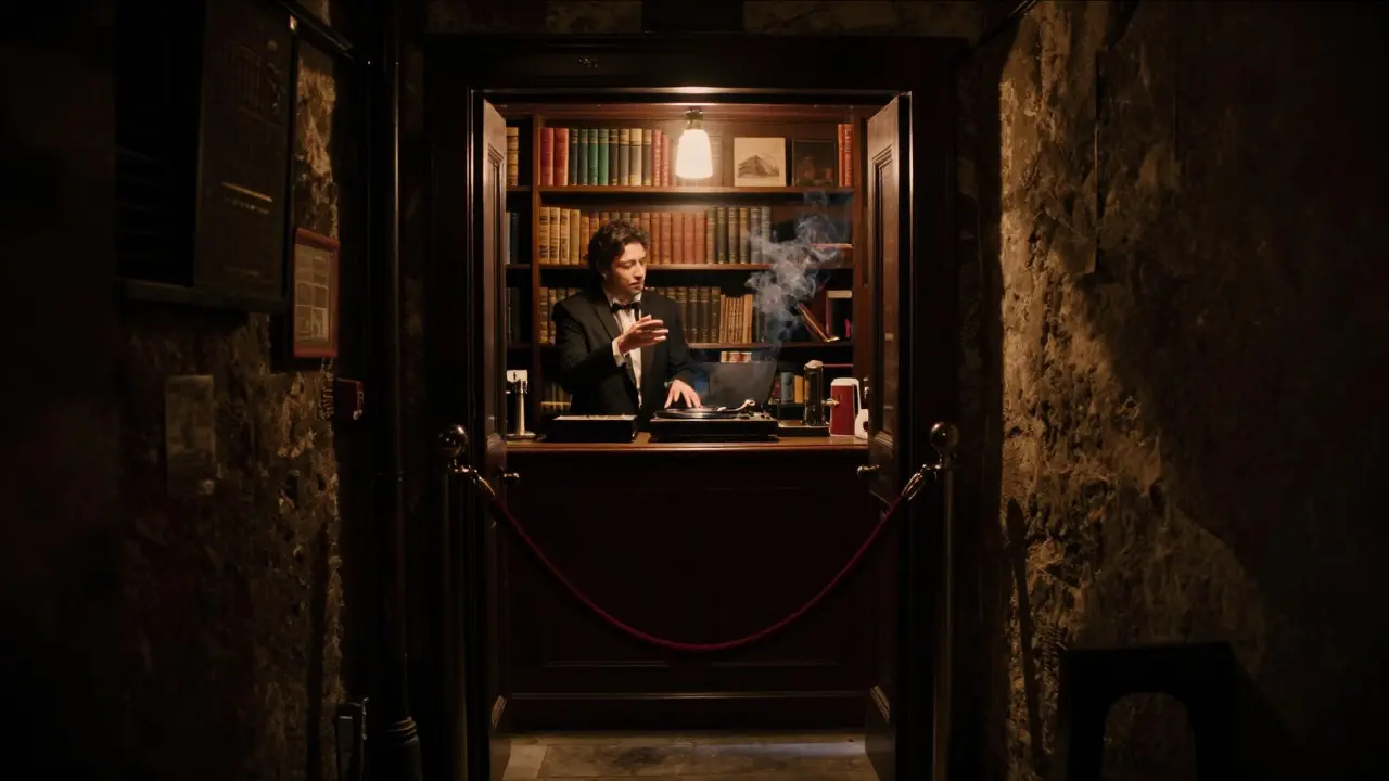 A hidden speakeasy entrance in an alley, with a velvet rope and dim lighting, hinting at exclusivity.