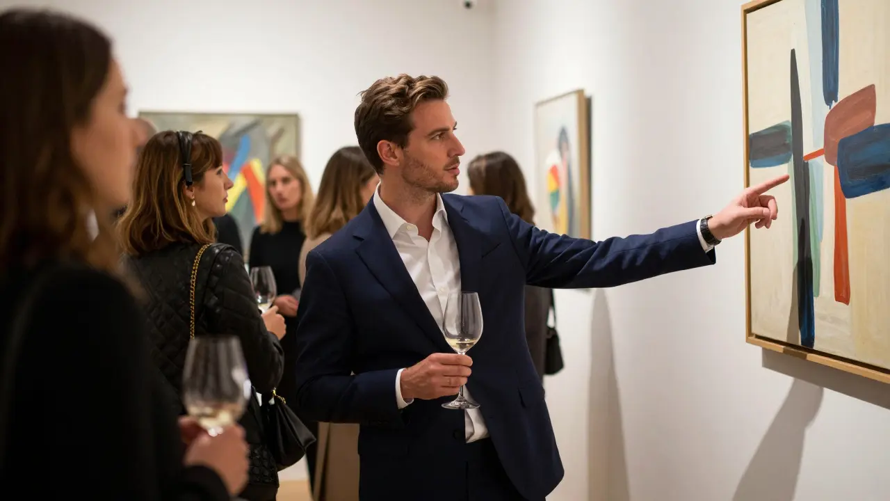 A high-end companion engaging gracefully at an art gallery opening in Paris.
