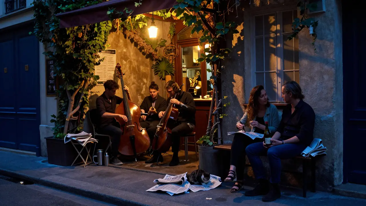 A jazz trio plays in a hidden basement as a couple shares wine on a midnight street.