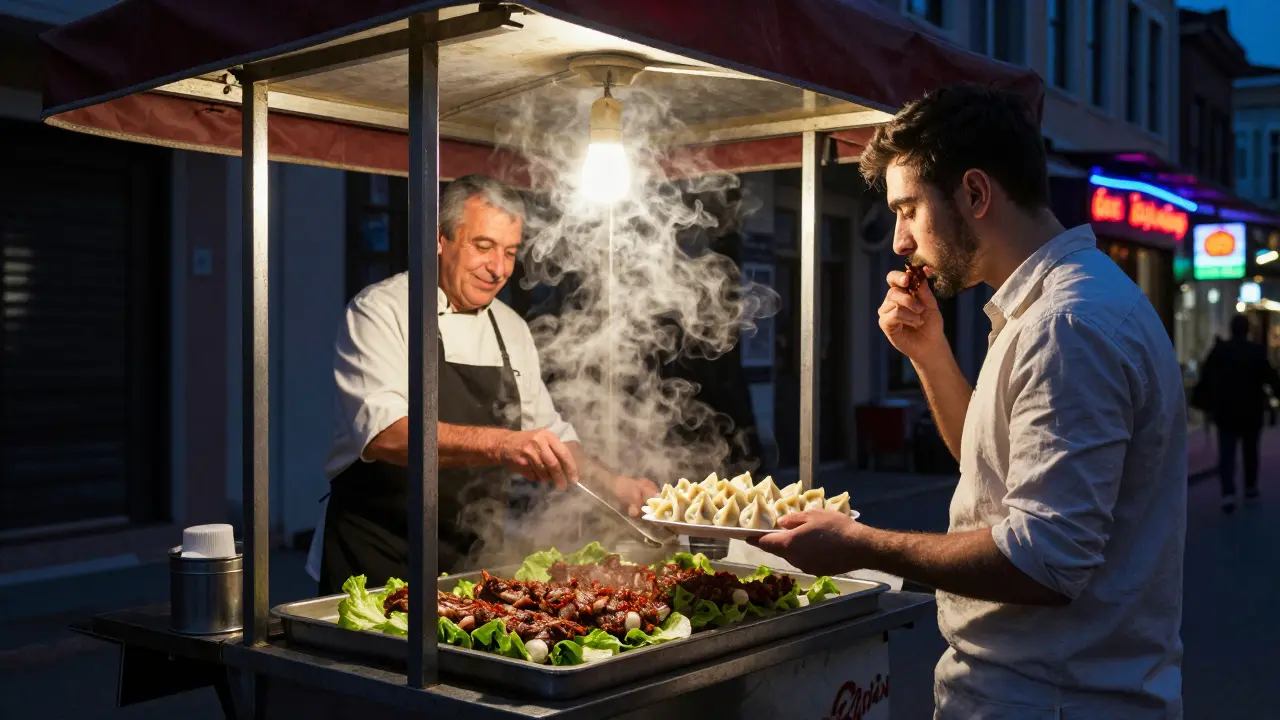 A late-night street vendor serving çiğ köfte and manti dumplings in Kadıköy at 3 a.m., lit by a single bulb.
