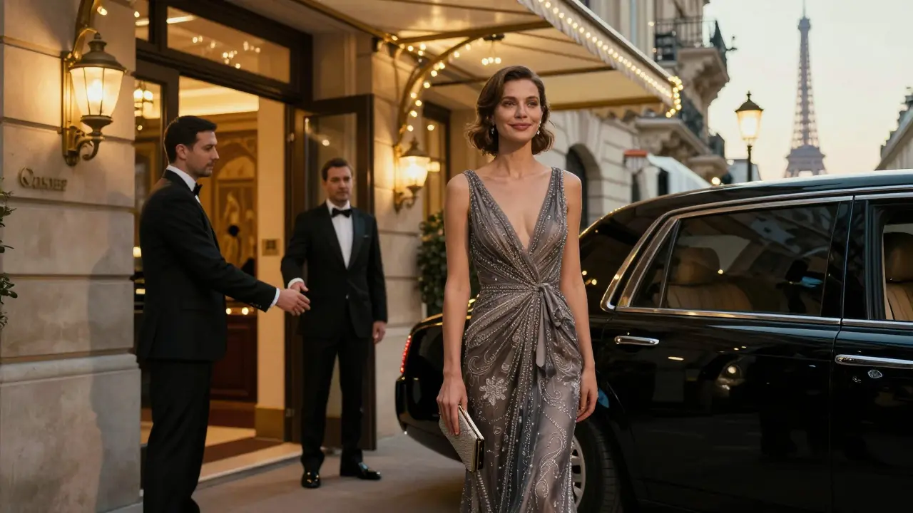 A luxury agency escort beside a limousine outside a five-star hotel in Paris.