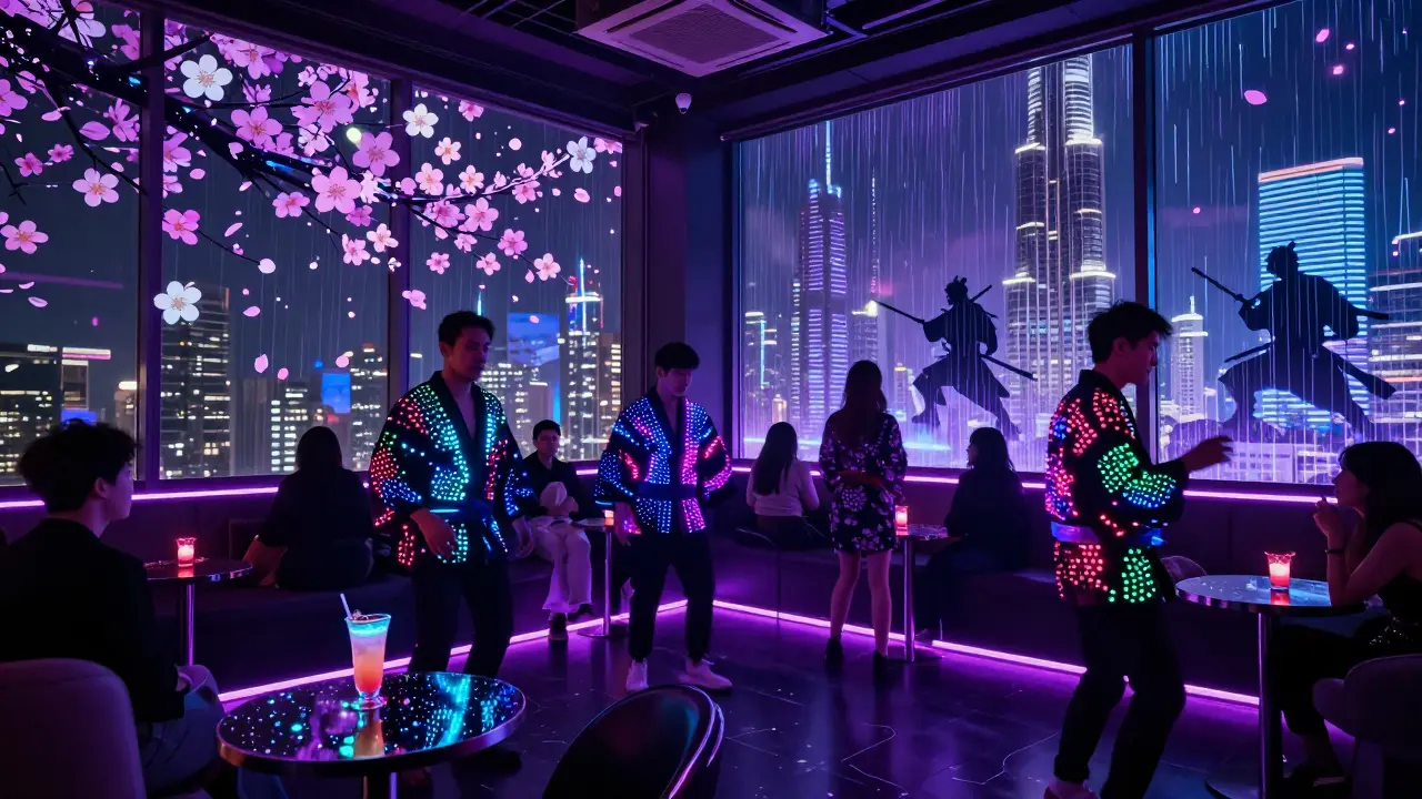 A neon-lit cyberpunk club high above Dubai with holographic cherry blossoms and guests dancing under glowing LED attire.