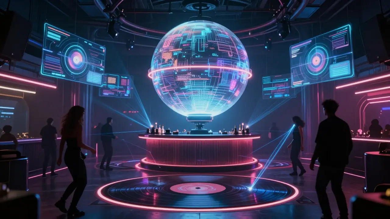 A neon-lit underground club with holograms and a glowing orb bar above a vinyl-shaped dance floor, people dancing to techno music.