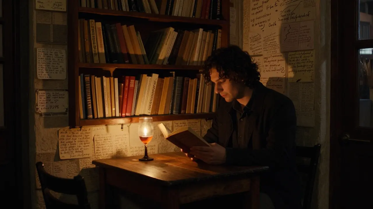 A quiet corner in Çiçek Pasajı with someone reading by candlelight among walls of handwritten letters.