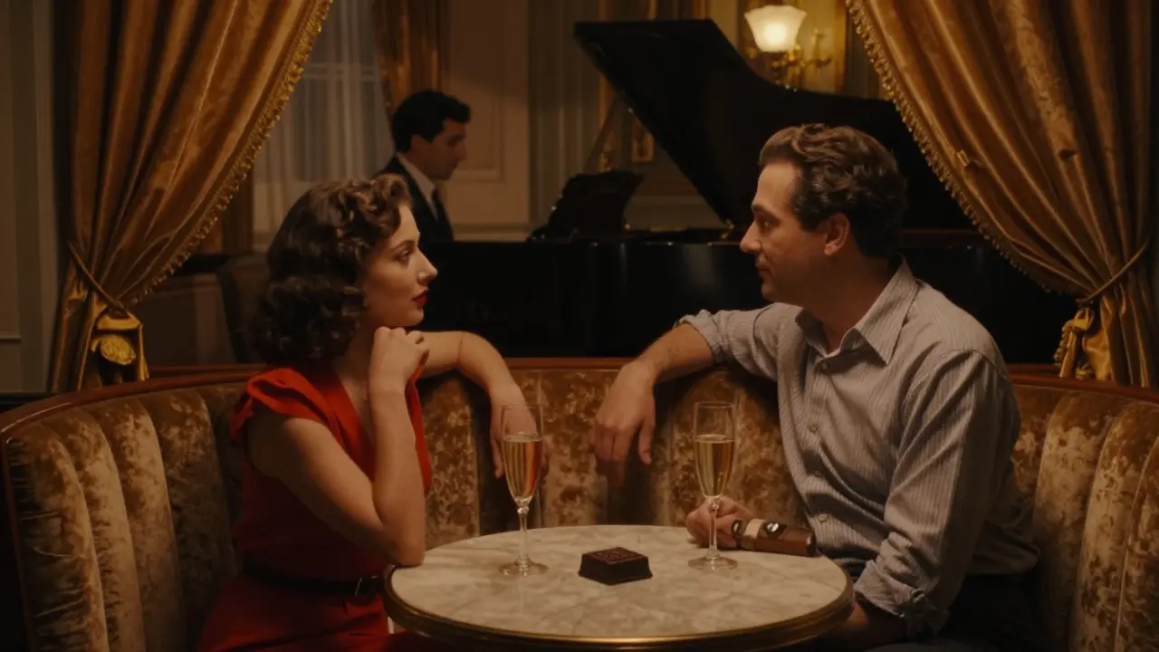 A romantic couple at Le Bar à Chocolat, sipping champagne beside dark chocolate under soft piano lighting.