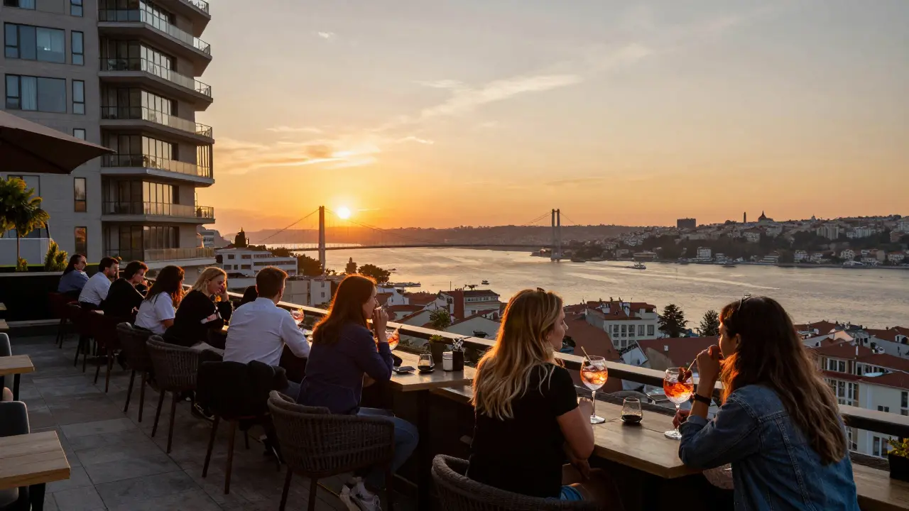 A rooftop bar at sunset overlooking the Golden Horn, guests relaxing with drinks as the city glows in twilight.