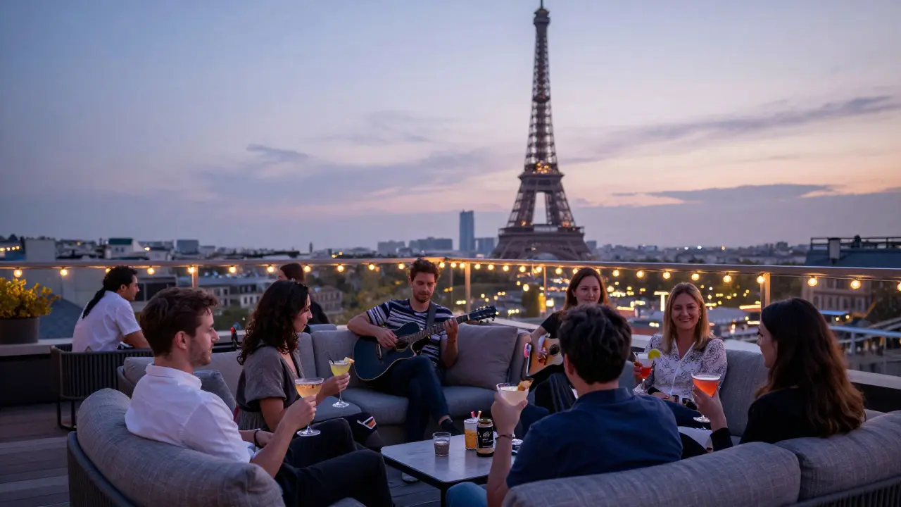 A rooftop terrace with string lights and couches overlooking the Eiffel Tower, people sipping drinks as the city glows at dusk.