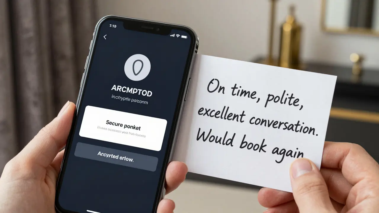 A secure payment confirmation on a phone screen next to a handwritten positive review, set in a high-end hotel room.