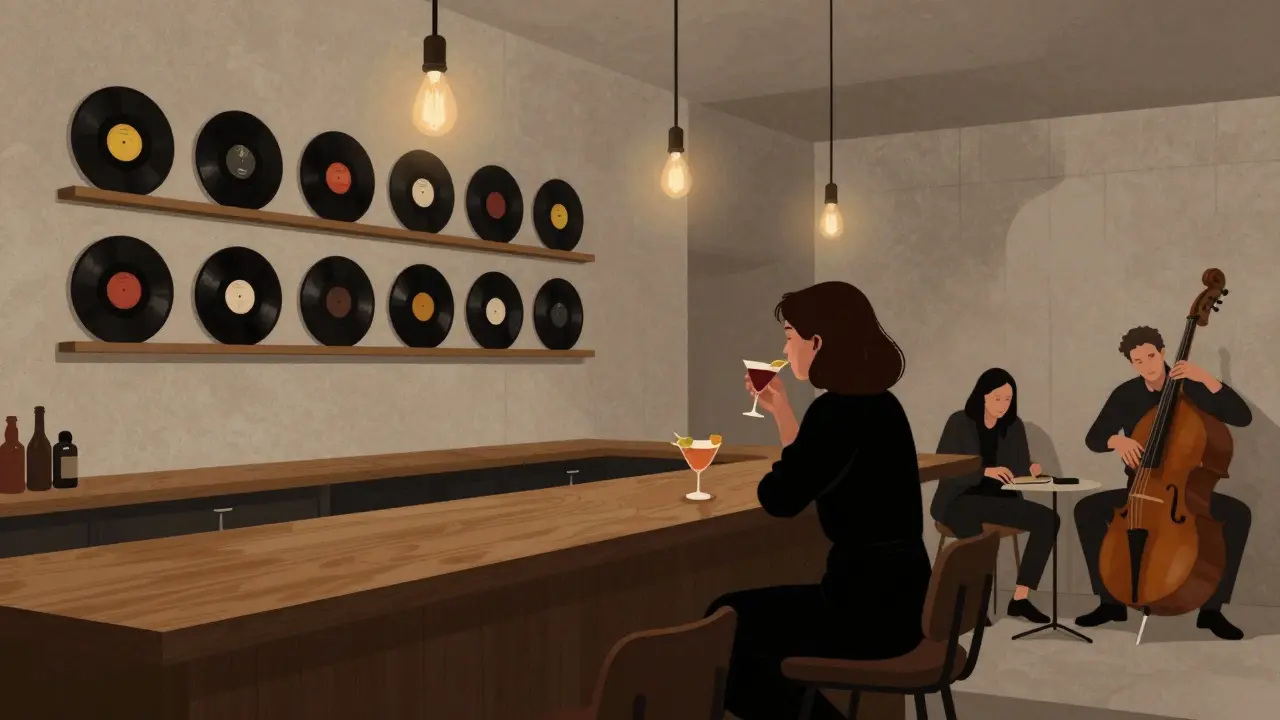 A woman enjoying a cocktail in a dimly lit underground lounge with vinyl records and live jazz music.