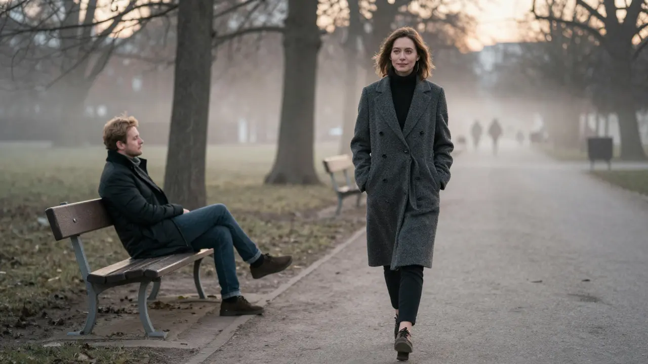 A woman walking alone through Tiergarten Park at dawn, peaceful expression, misty morning light.