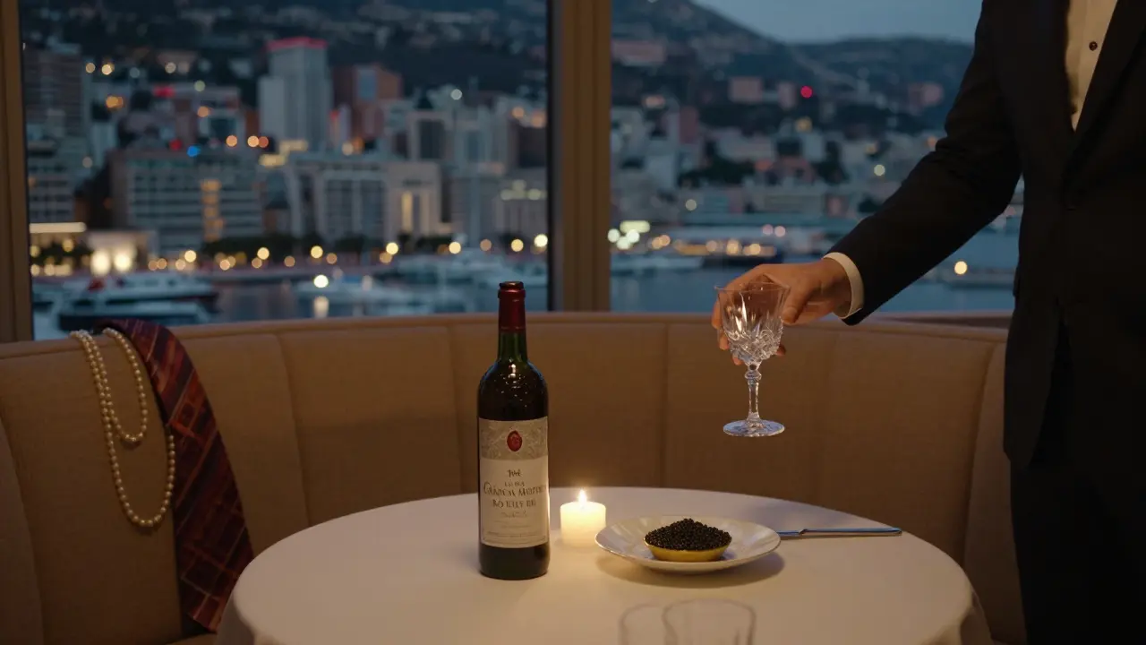 An elegant corner booth in Monaco's La Réserve with a rare wine bottle and caviar on mother-of-pearl, lit only by candlelight.