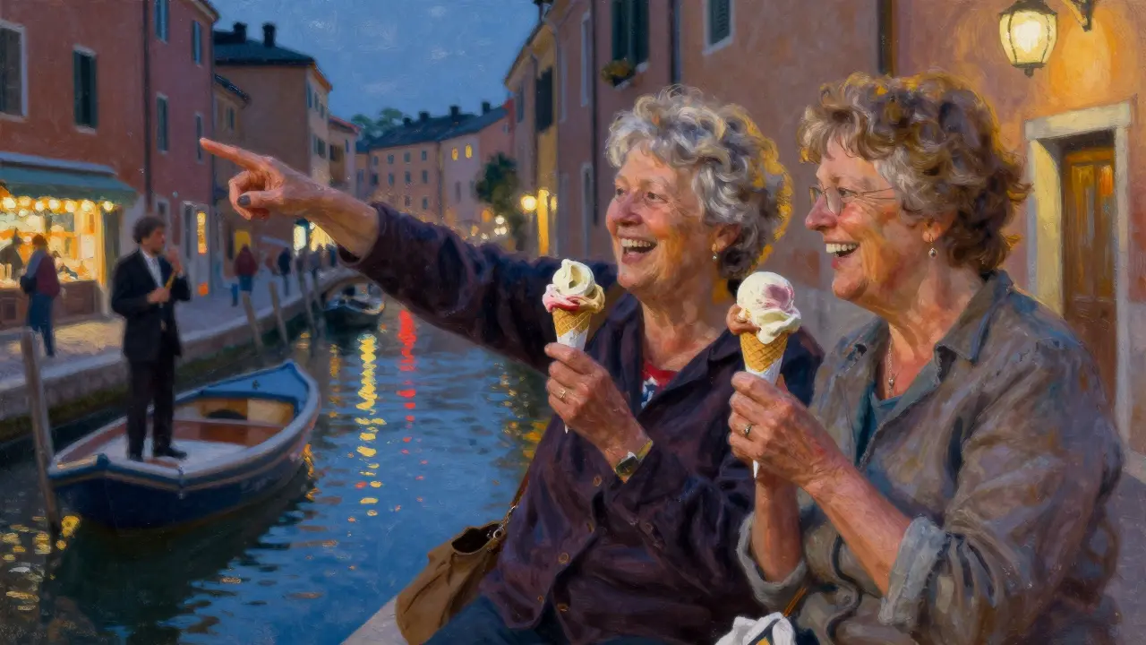 An older woman enjoying gelato at midnight in Navigli with a companion, laughing under soft neon lights by the canal.