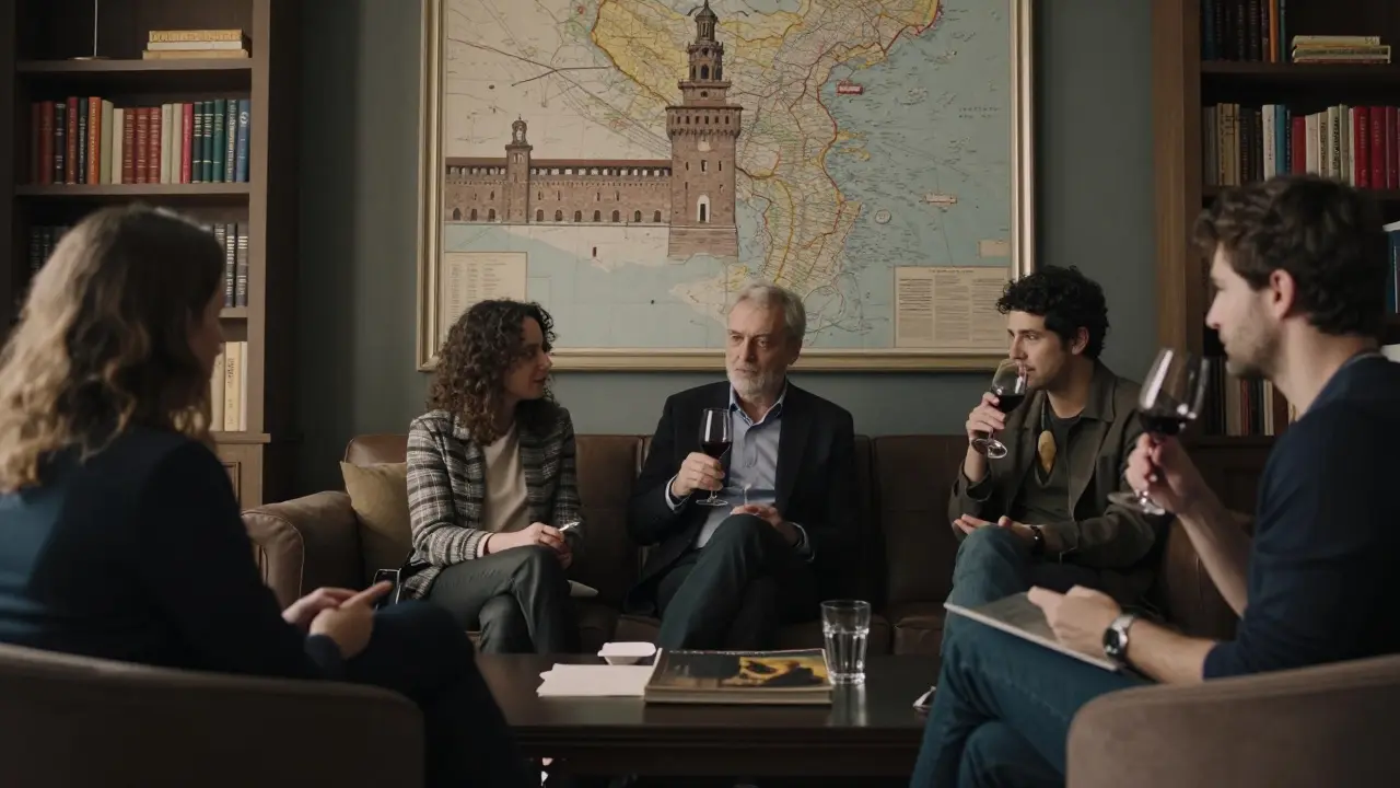 Clients engaging in thoughtful, non-intimate conversations with companions in a refined Milan apartment filled with books and maps.