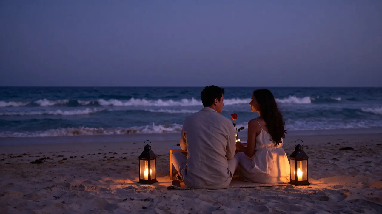 Couple enjoying a private beach dinner at Saadiyat Island with lanterns, fire pit, and waves under a starry sky.