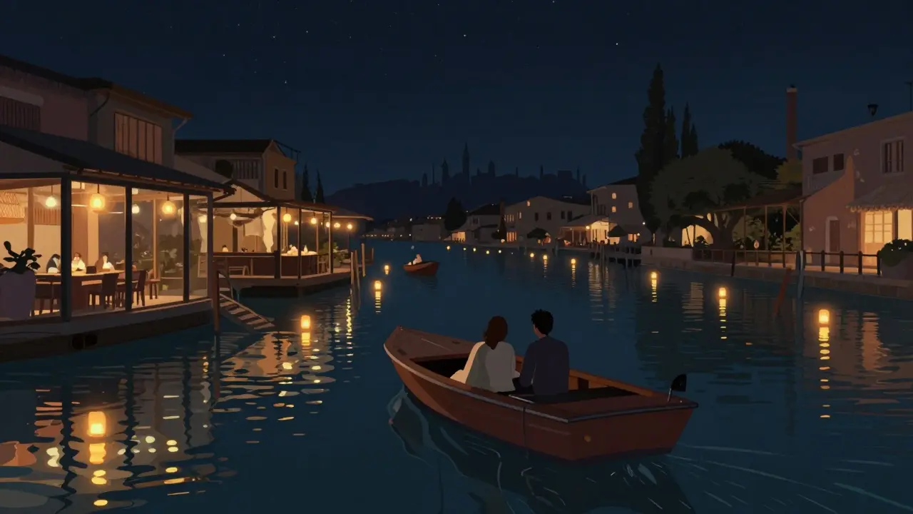 Couple on a private water taxi at Al Qana canal, surrounded by floating lanterns and a glowing skyline at night.