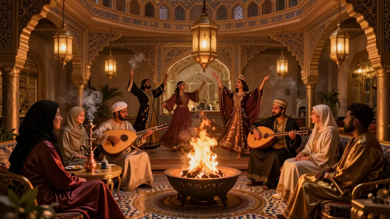 Dancers perform in embroidered robes beneath hanging lanterns as an oud player entertains guests in a luxurious Persian-themed lounge.