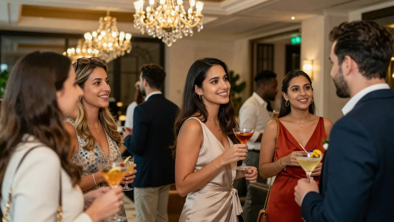 Elegant guests networking at a luxury hotel lounge event