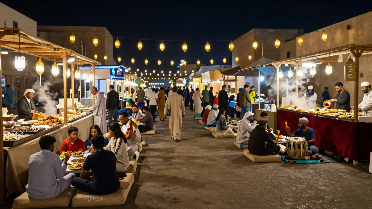 Families dining at a traditional night market with grilled seafood, lanterns, and musicians playing oud.