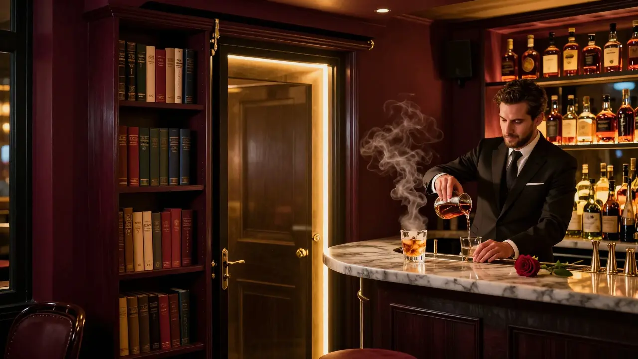 Hidden speakeasy doorway opening to reveal a stylish bar with cocktails and warm glow.