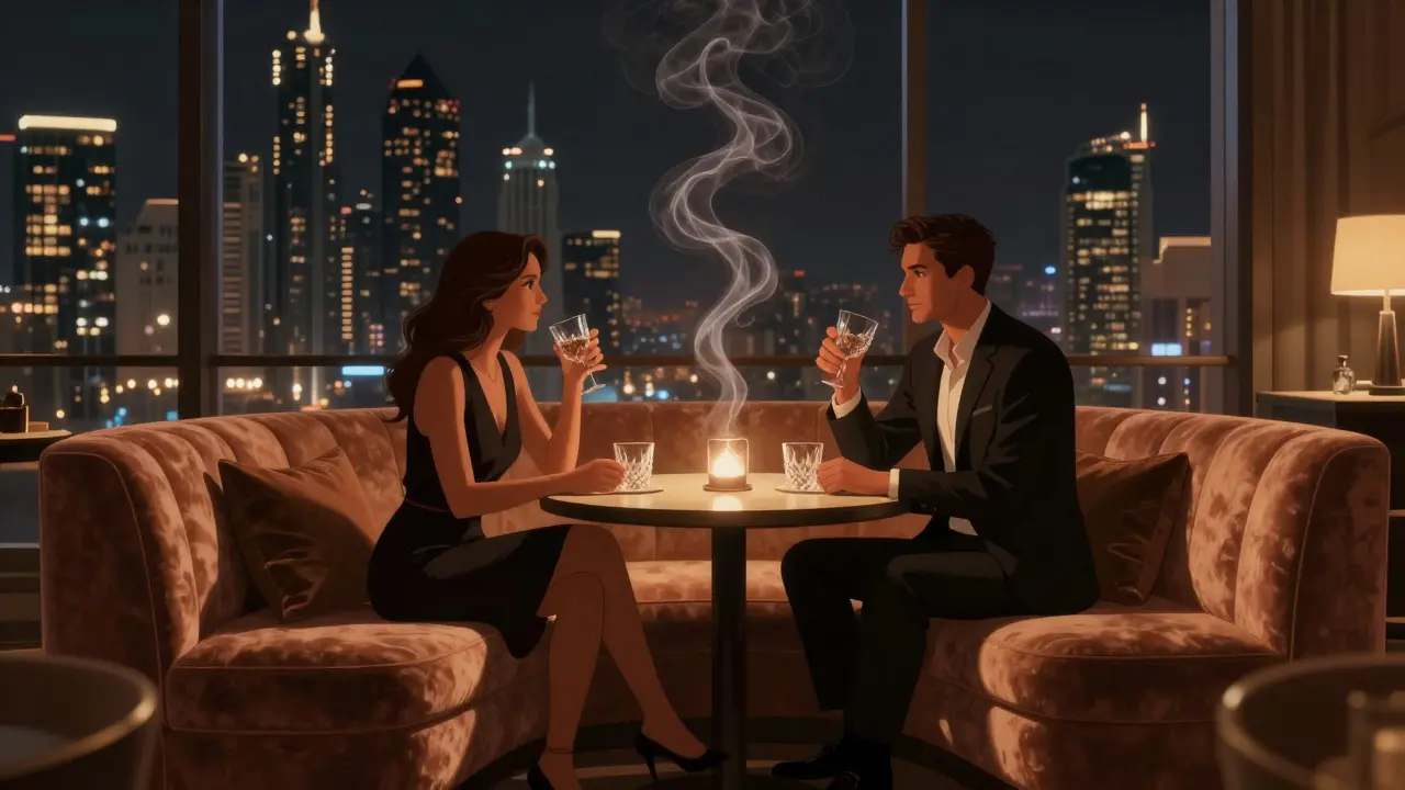 Intimate lounge scene with velvet couches and skyline views at The Penthouse.