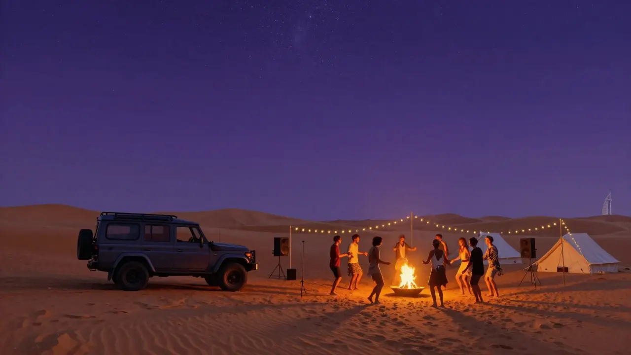 People dancing around a fire pit under stars at a desert party outside Abu Dhabi.