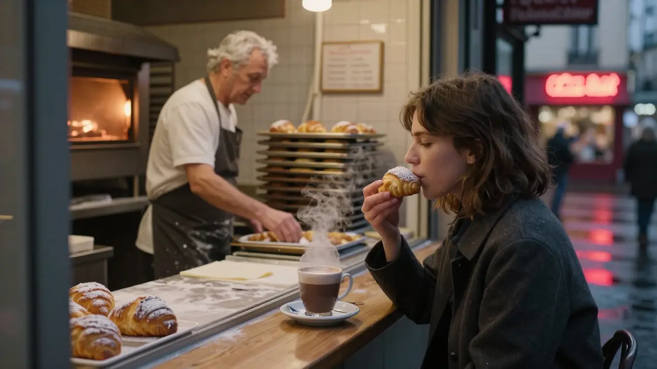 Someone eats a chouquette at 2 a.m. in a quiet Paris bakery, steam rising from hot chocolate.