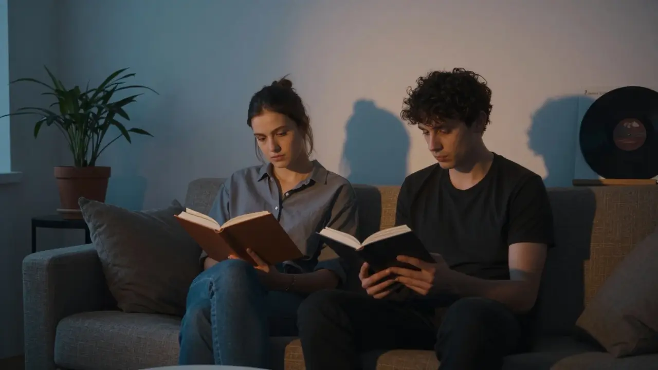 Two people sitting on a couch in a cozy Berlin apartment, one reading aloud, no physical contact, warm lighting.